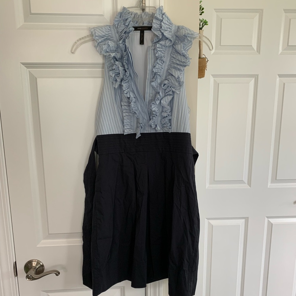 BCBGMaxAzria pinstripe cocktail dress with waist tie and pockets.